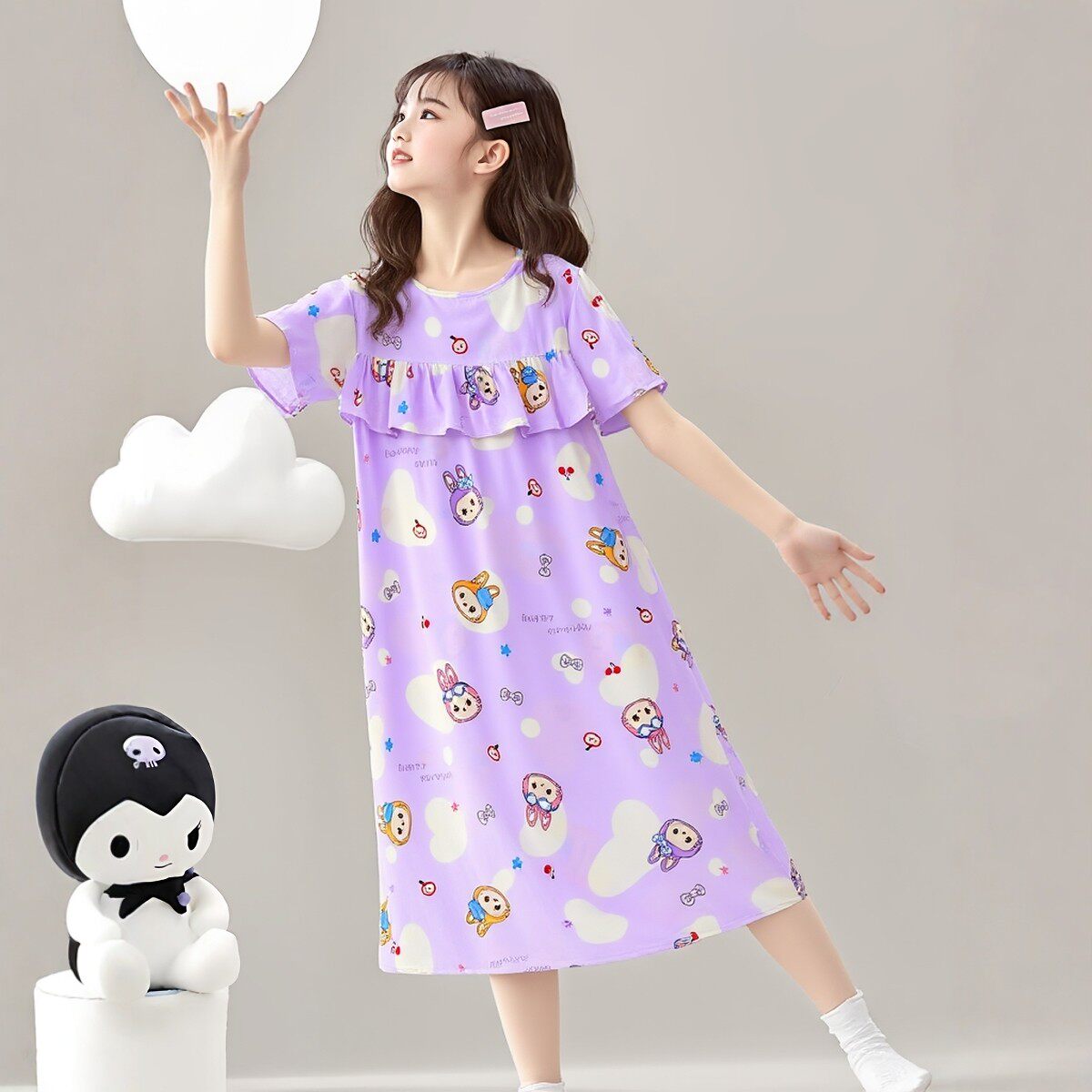 夏女大童棉绸薄款休闲宽松可爱睡衣睡裙绵绸圆领人造棉短袖连衣裙