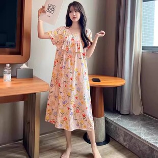 人造纯棉绸遮胸防漏突凸点免胸垫睡衣夏荷叶边绵绸连衣女宽松睡裙