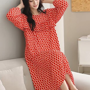 夏女士防漏光免胸垫不凸点棉绸夏睡衣荷叶边长袖家居连衣绵绸睡裙