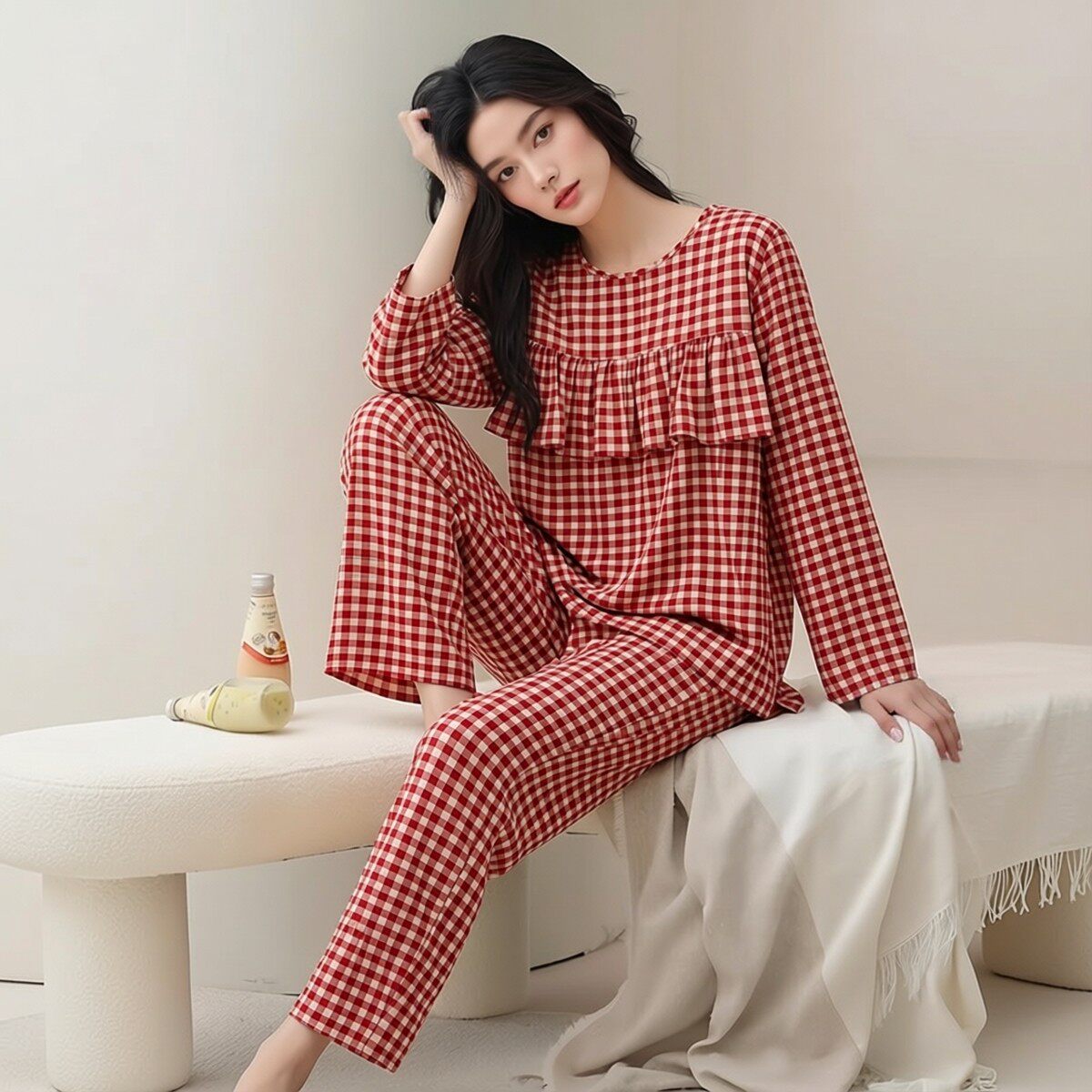 春秋女妈妈长袖东方绸棉绸荷叶边防凸点薄款夏睡衣套装绵绸家居服