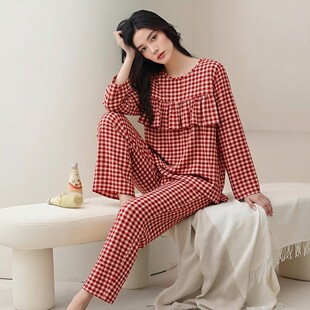 春秋女妈妈长袖东方绸棉绸荷叶边防凸点薄款夏睡衣套装绵绸家居服