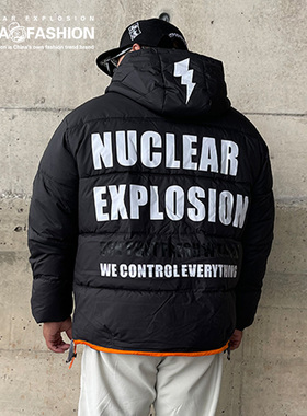 NE核爆炸大码潮牌棉服黑色闪电徽章保暖特厚连帽棉袄宽松外套冬季