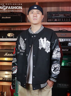 NUCLEAR EXPLOSION大码男装原创设计重工刺绣棒球服加厚夹克外套