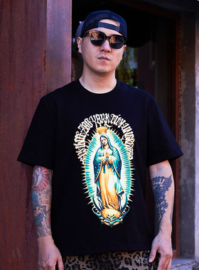 核爆炸潮牌320g奇卡诺重磅黑白纯棉oversize大码男女宽松短袖T恤