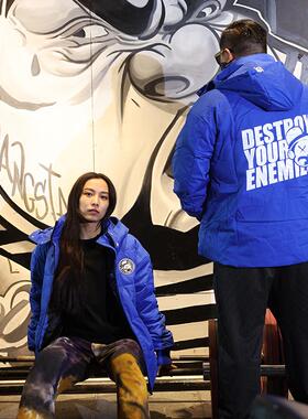 核爆潮牌宝蓝色白鸭绒西海岸公仔绣标印花男女情侣大码连帽羽绒服