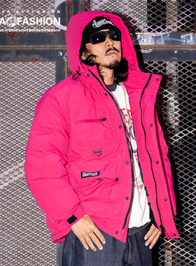 NE核爆炸大码男装棉服玫粉色工装夹克男宽松街头秋冬加厚保暖外套
