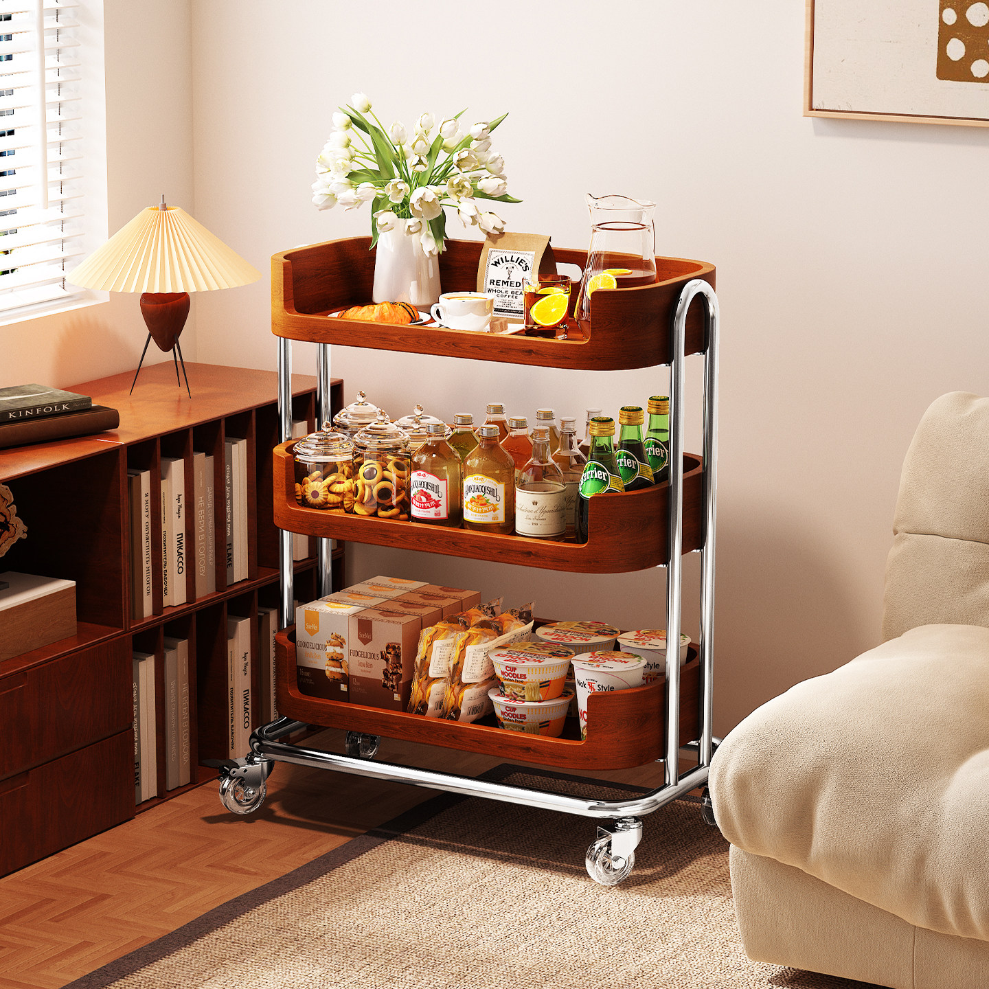 移动手推车家用客厅零食置物架落地式多层分类收纳架大容量储物筐