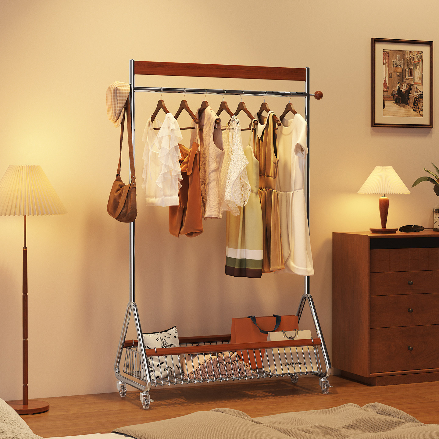 中古可移动卧室挂衣架简约落地式金属阳台晾衣架多功能家用衣帽架