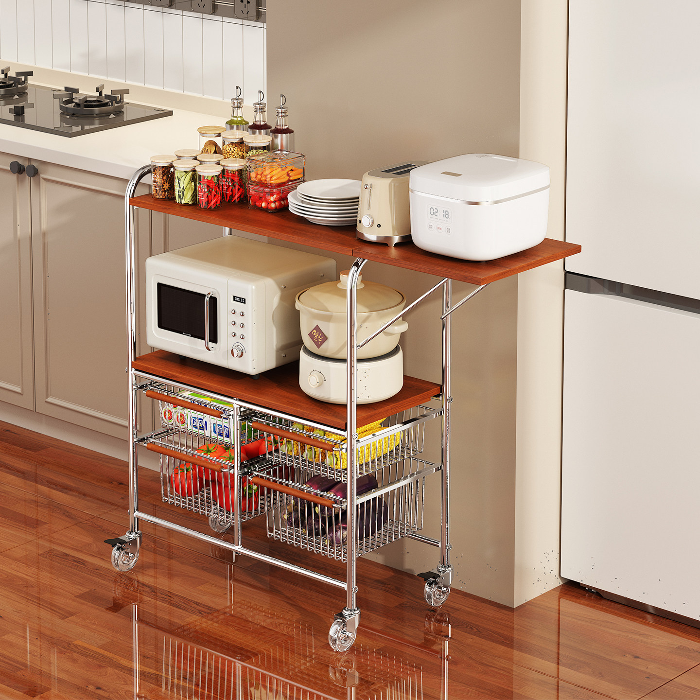 厨房微波炉置物架落地多功能锅具电饭煲收纳架多层餐边果蔬小推车,厨房/烹饪用具,微波炉置物架,淘宝优惠券,粉丝福利购,淘宝优惠卷
