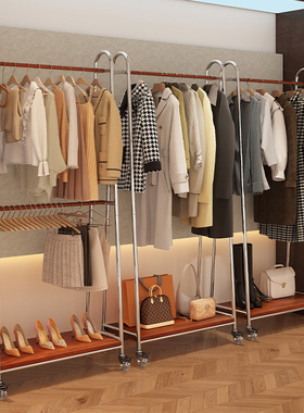 复古服装店展示架落地式带轮中岛衣架可移动女装挂衣杆铁艺龙门架