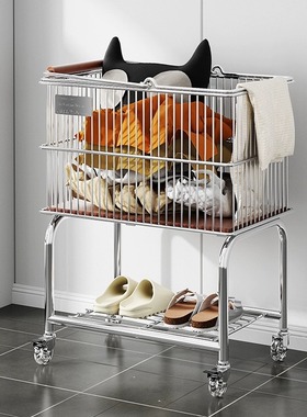 不锈钢中古脏衣篮双层衣服收纳筐卫生间移动架子脏衣篓推车置物架