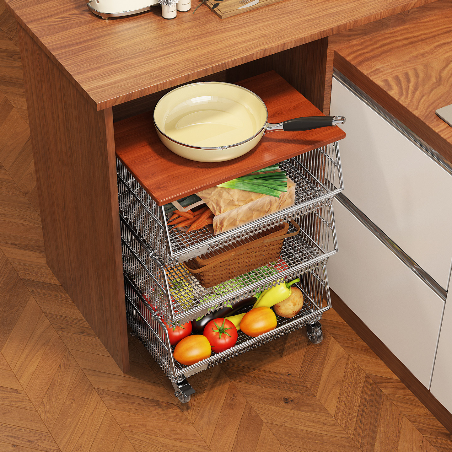 304不锈钢厨房柜下置物架多层大容量落地小推车中古风家用蔬菜篮