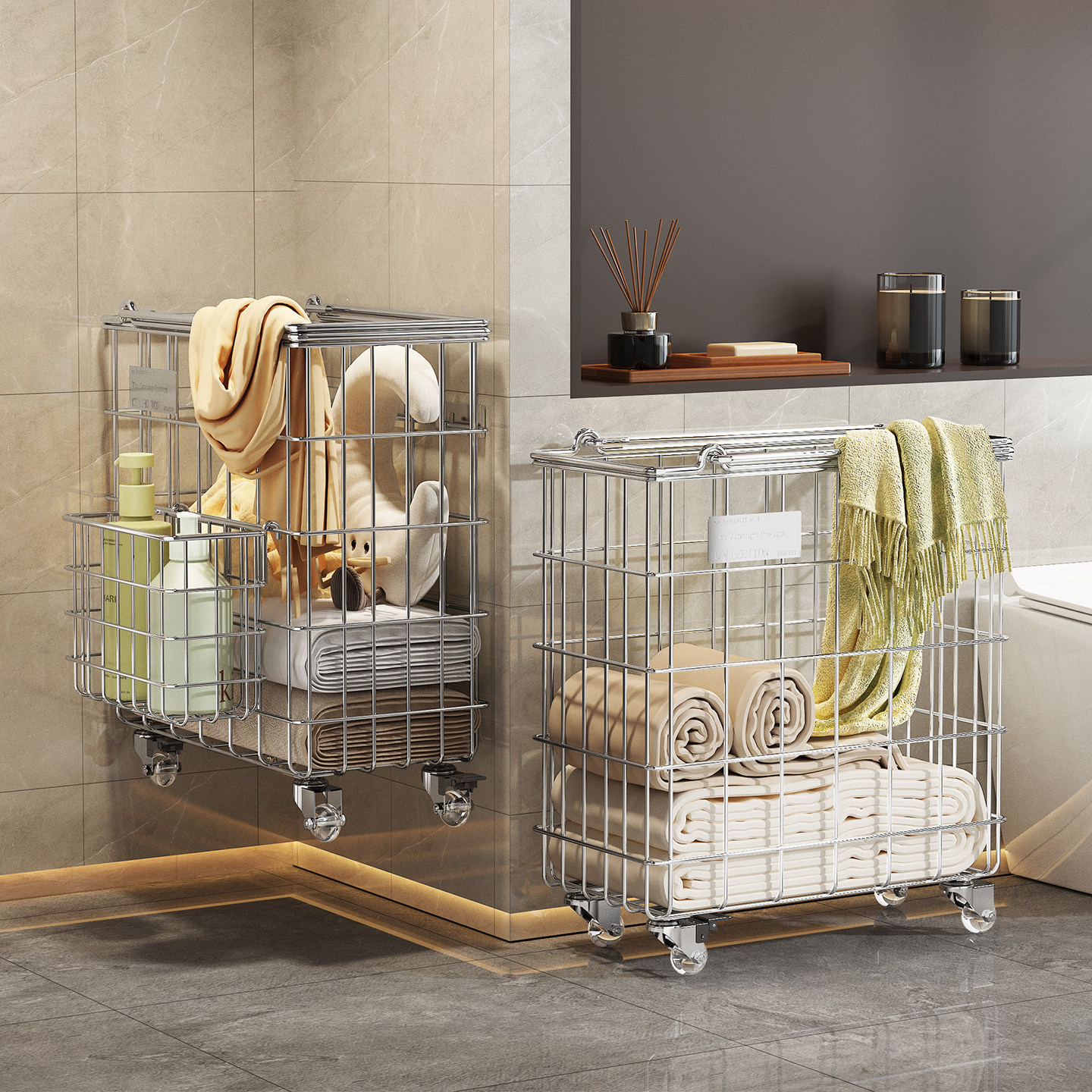 浴室壁挂式脏衣篮免打孔家用不锈钢脏衣服收纳筐卫生间移动洗衣篮,收纳整理,挂篮,淘宝优惠券,粉丝福利购,淘宝优惠卷