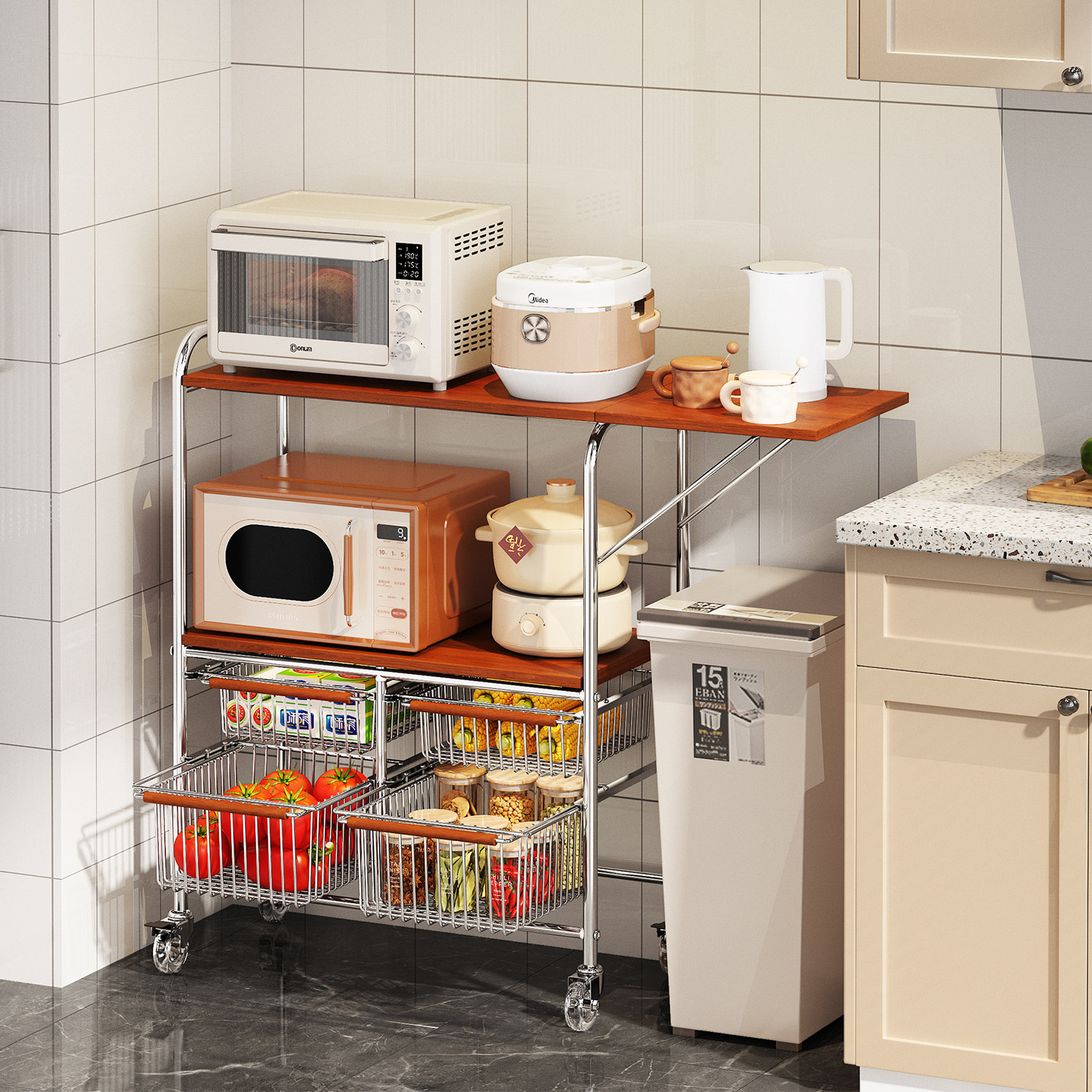 厨房微波炉置物架多功能一体靠墙收纳柜实木餐边小推车多层蔬菜筐,厨房/烹饪用具,微波炉置物架,淘宝优惠券,粉丝福利购,淘宝优惠卷