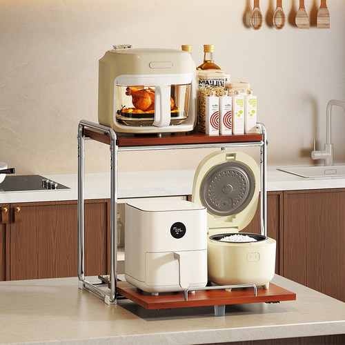 中古实木厨房电饭煲置物架台面抽拉式空气炸锅分层微波炉收纳架子