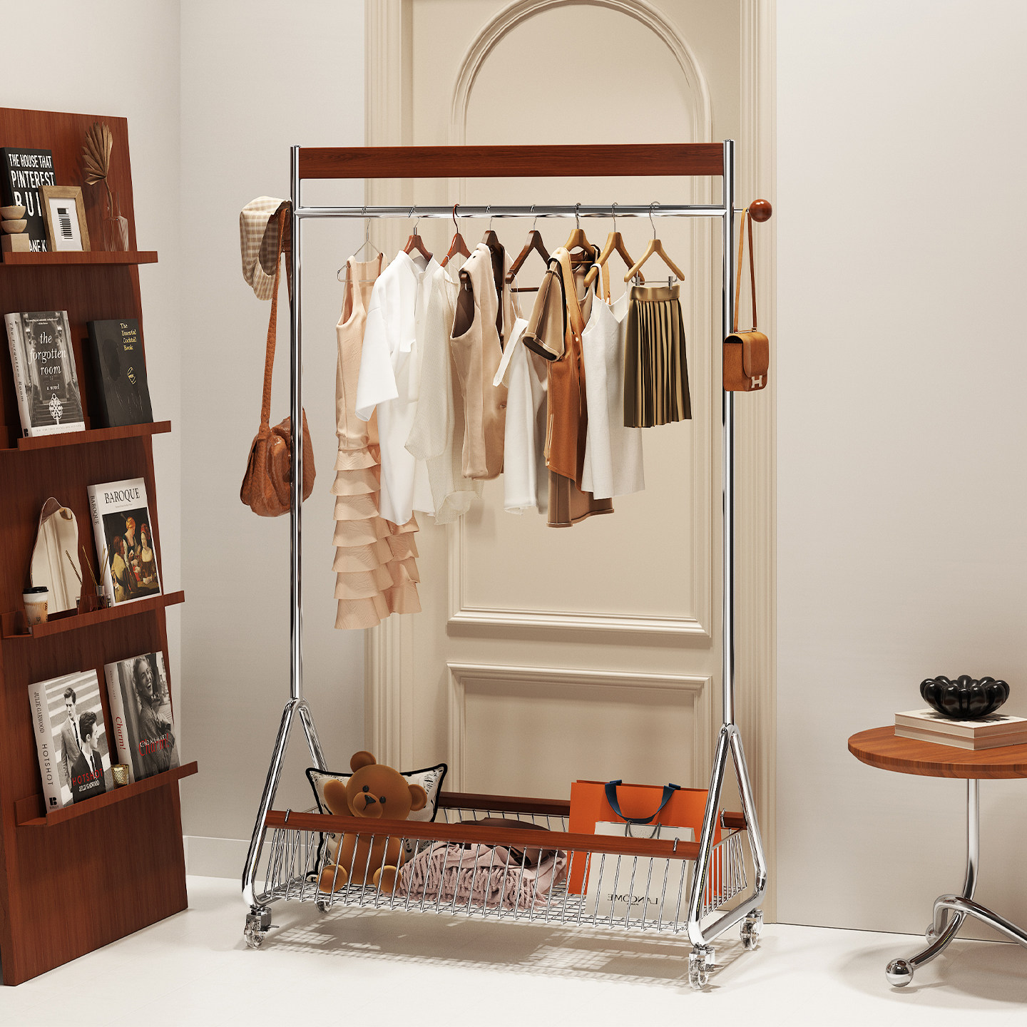 中古简约金属实木衣帽架多功能带篮衣物收纳架子可移动家用挂衣架