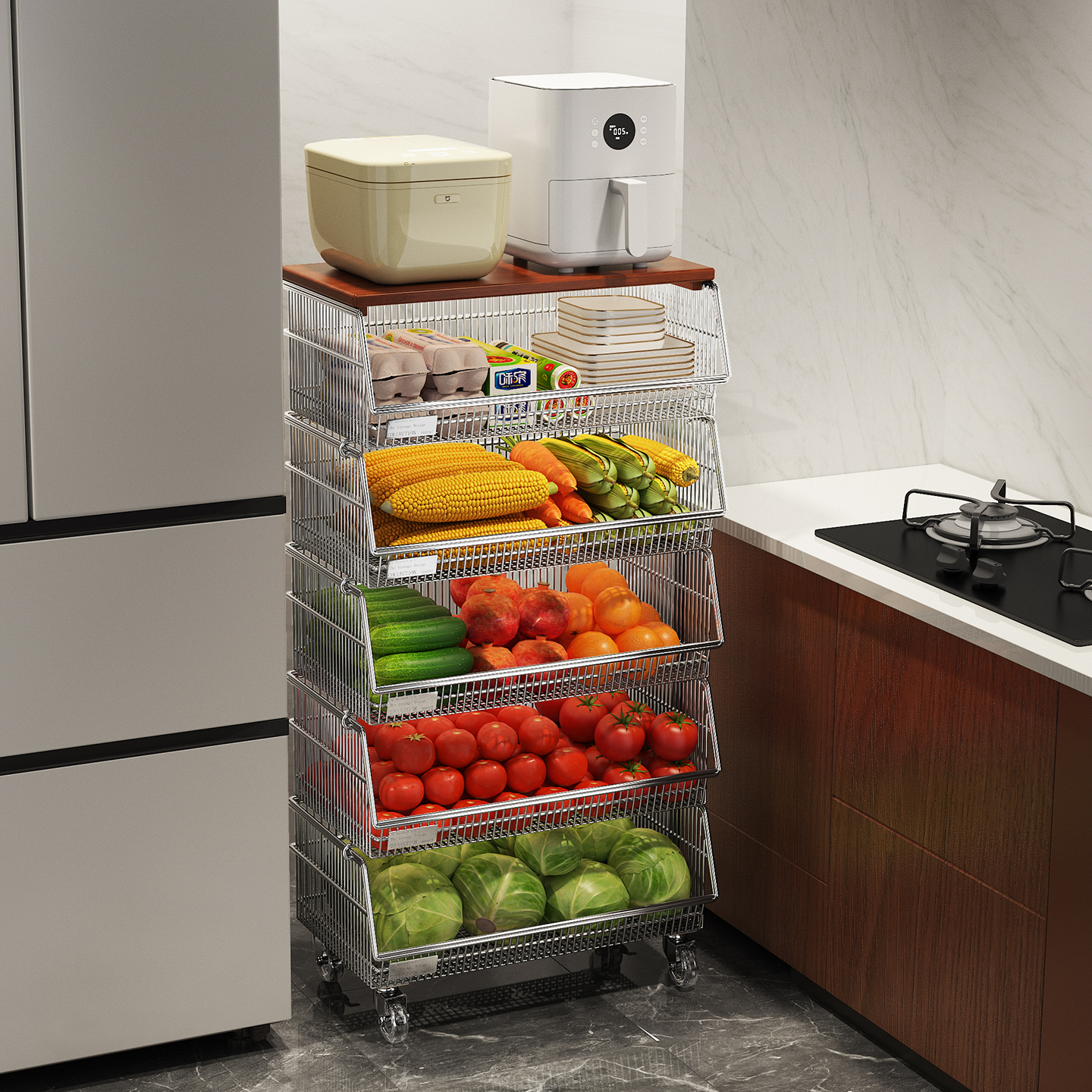 a生304不锈钢厨房置物架落地菜篮