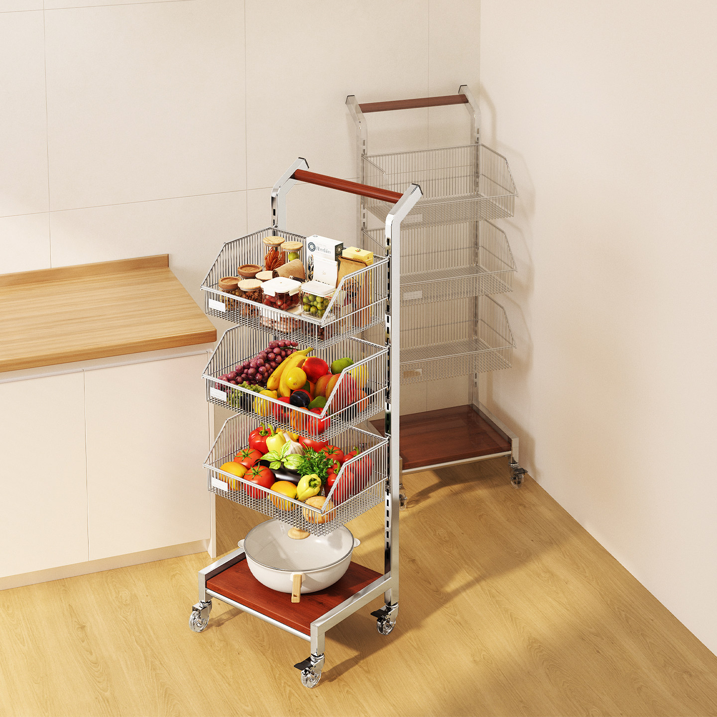 厨房多功能置物架水果蔬菜篮子收纳筐家用落地多层收纳储物小推车,厨房/烹饪用具,果蔬置物架/篮/框,淘宝优惠券,粉丝福利购,淘宝优惠卷