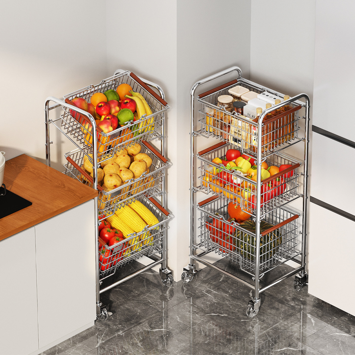 厨房果蔬置物架子多层落地小推车家用零食菜篮子收纳筐移动储物柜,厨房/烹饪用具,果蔬置物架/篮/框,淘宝优惠券,粉丝福利购,淘宝优惠卷