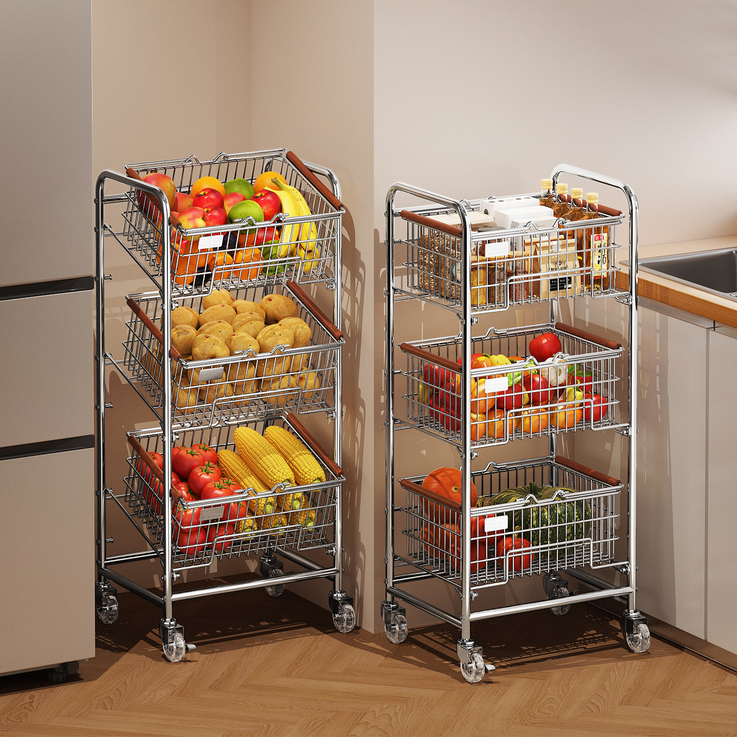 厨房置物架落地可移动菜篮子多层蔬菜水果收纳架多功能零食小推车,收纳整理,其他收纳篮,淘宝优惠券,粉丝福利购,淘宝优惠卷