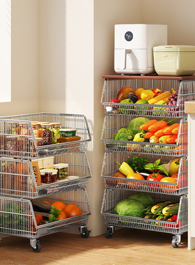 304不锈钢厨房置物架落地菜篮水果蔬菜收纳架子多功能零食小推车