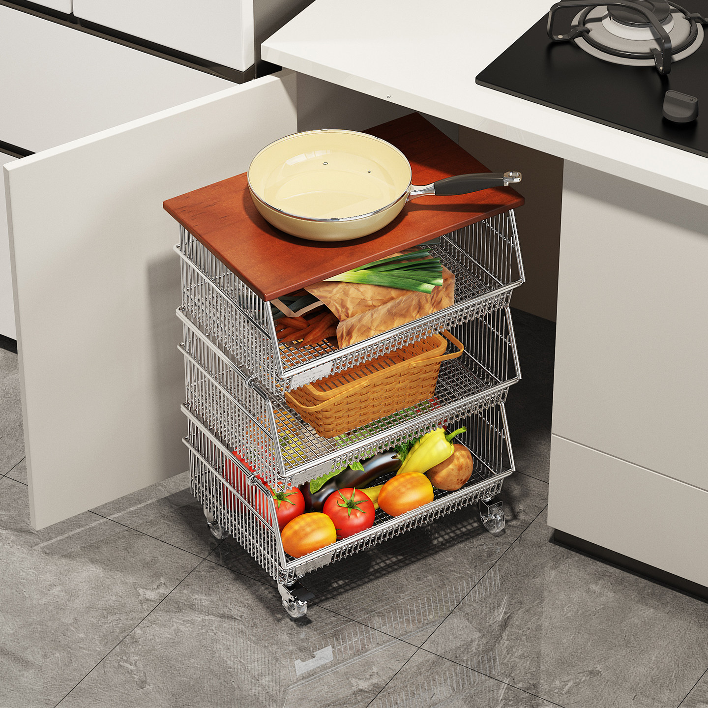 304不锈钢移动蔬菜架中古风多层大容量置物架厨房家用台下小推车