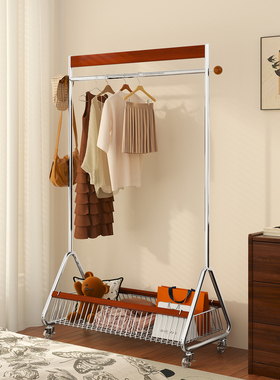 卧室落地挂衣架中古实木移动衣帽架包包置物架床边晚上放衣服神器