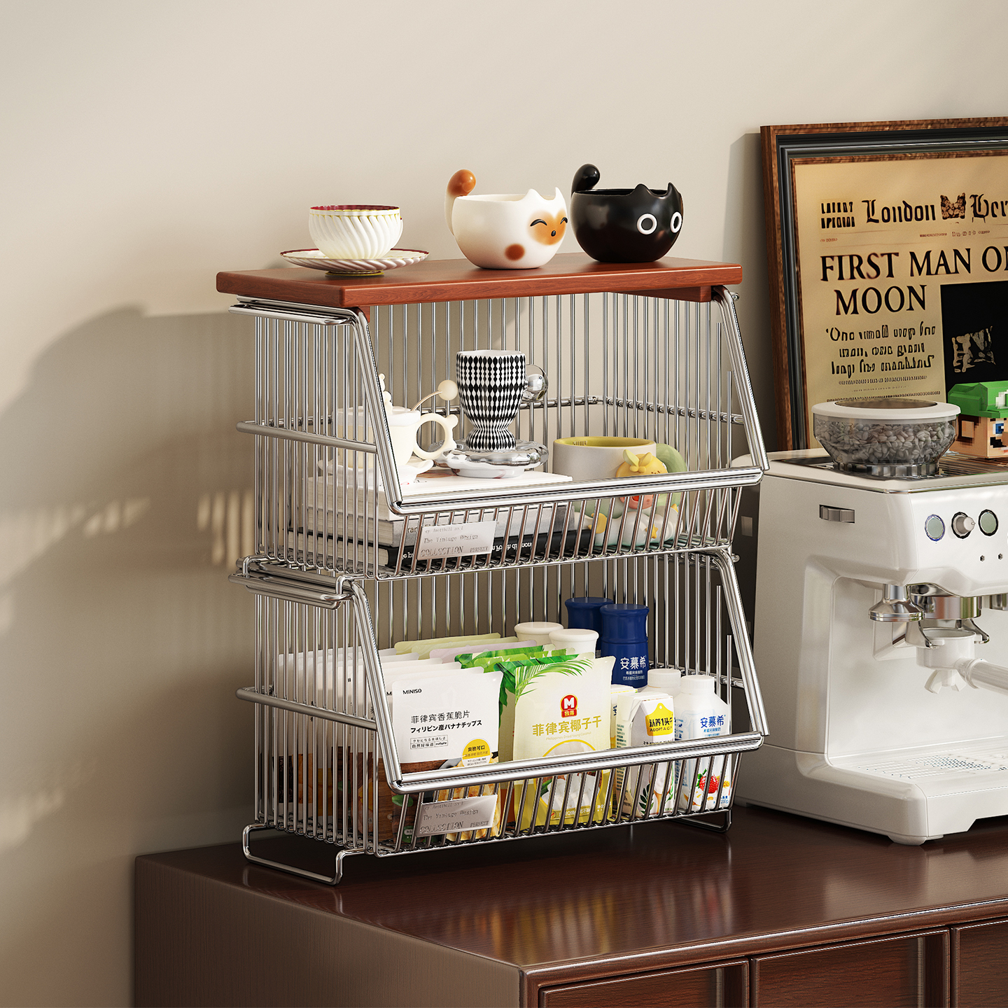 高级感零食置物架客厅餐边柜桌面水果饮料收纳盒吧台多层中古杯架