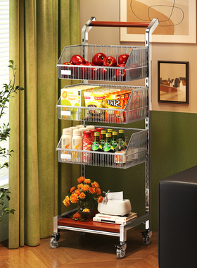 a生中古小推车零食置物架客厅移动边几厨房落地果蔬收纳篮可调节