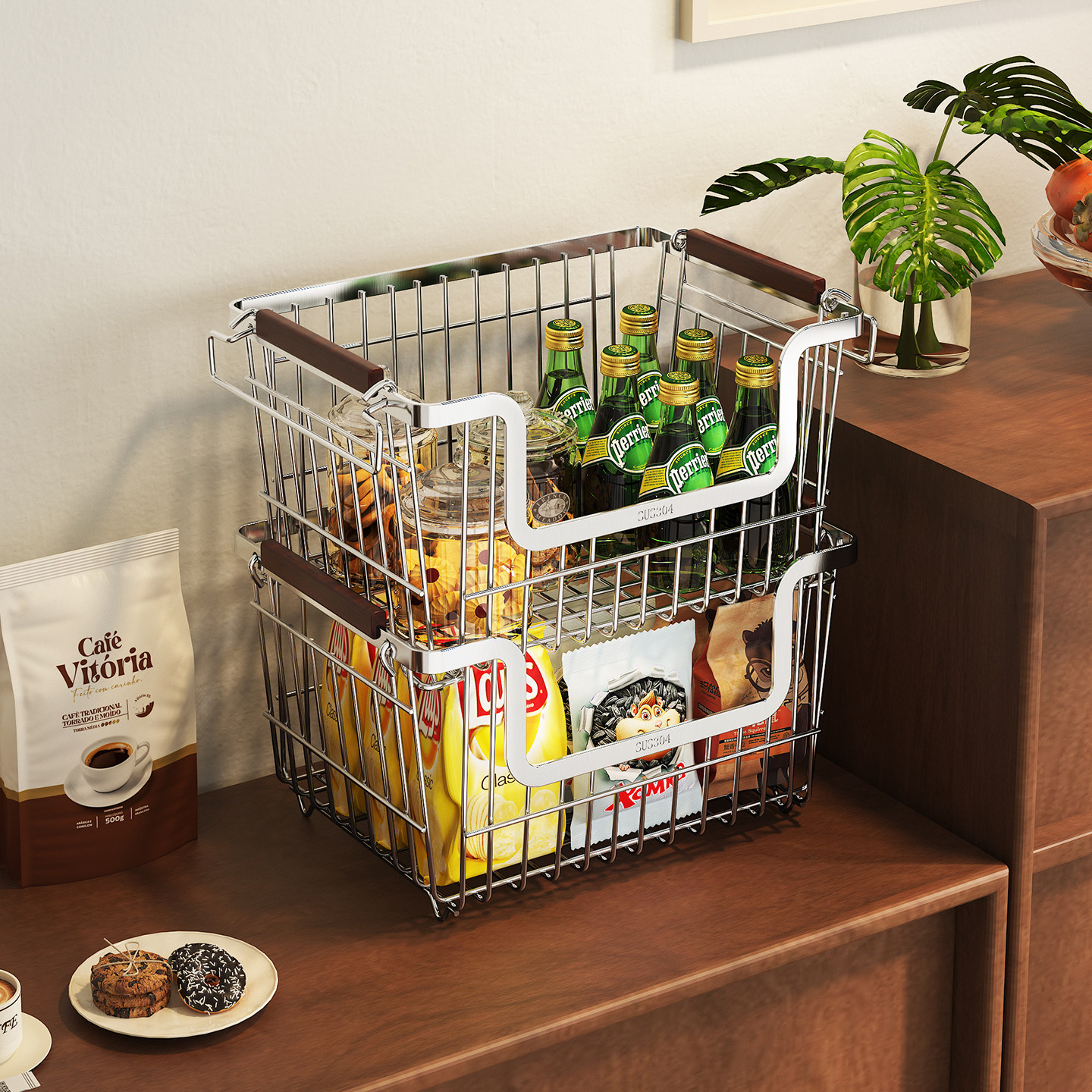 零食架子置物架客厅高颜值桌面收纳篮子不锈钢叠加餐桌杂物收纳筐,收纳整理,收纳筐,淘宝优惠券,粉丝福利购,淘宝优惠卷