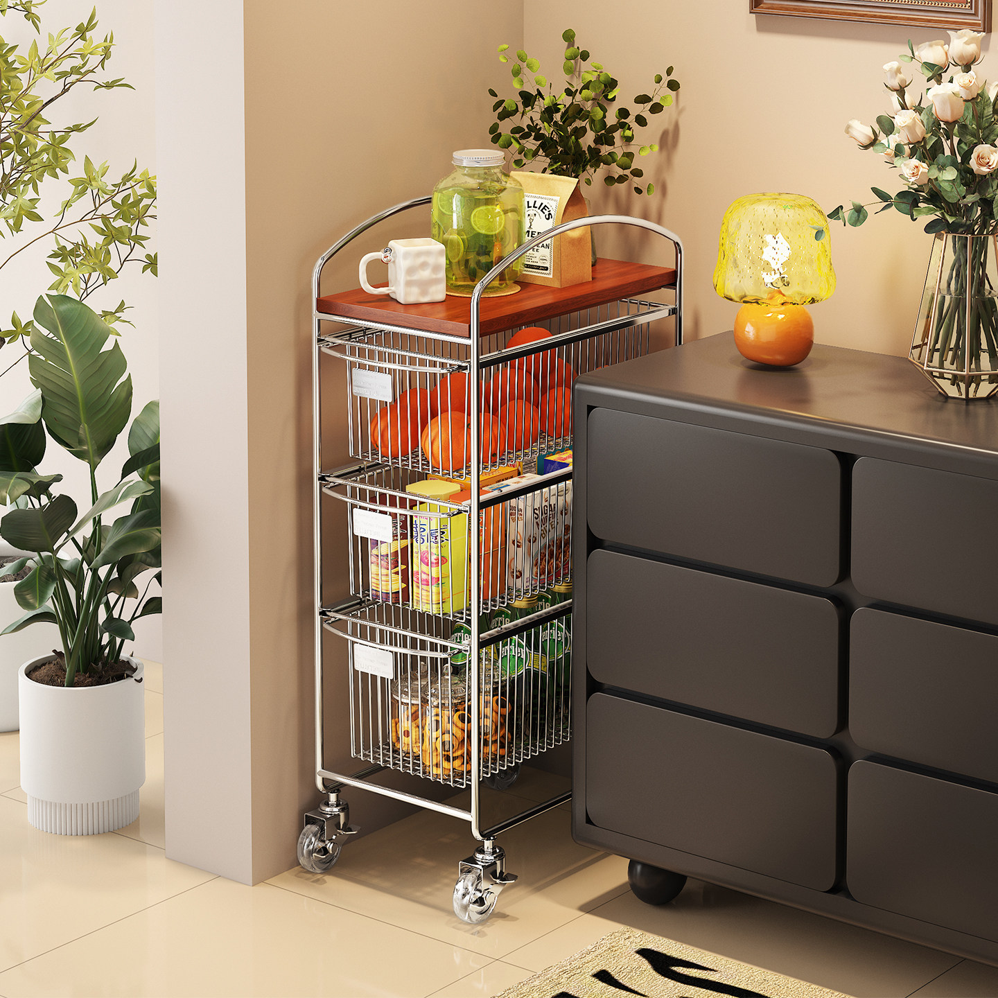 零食夹缝置物架小推车多层落地水果储物筐客厅可移动抽拉式收纳篮,收纳整理,零食收纳筐,淘宝优惠券,粉丝福利购,淘宝优惠卷
