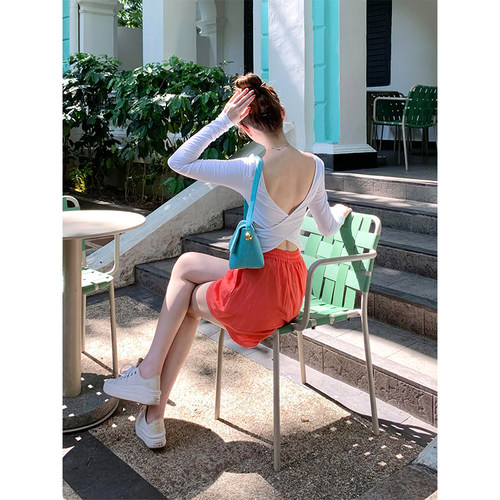 HUAX 辣妹风白色交叉露背长袖T恤女秋季修身显瘦短款外搭打底上衣