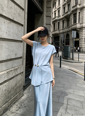 HUAX 蓝色高级感圆领无袖衬衫女装气质通勤休闲收腰显瘦百搭上衣