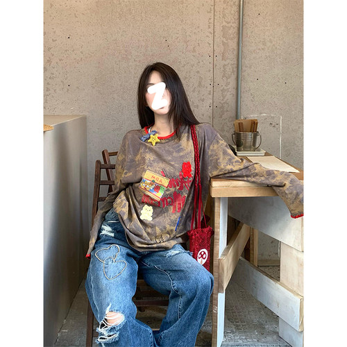 HUAX 设计感晕染字母印花长袖T恤女秋季复古撞色宽松休闲百搭上衣