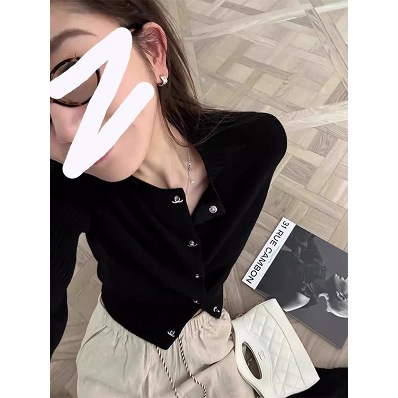 HUAX 当天发 黑色高级感短款针织开衫外套女秋冬时尚气质圆领上衣