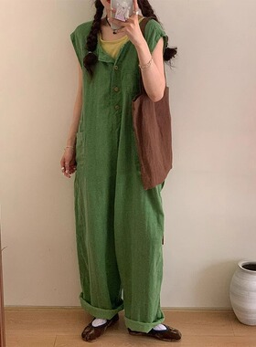 HUAX 当天发 美式复古绿色棉麻无袖连体裤女装时髦宽松显瘦阔腿裤