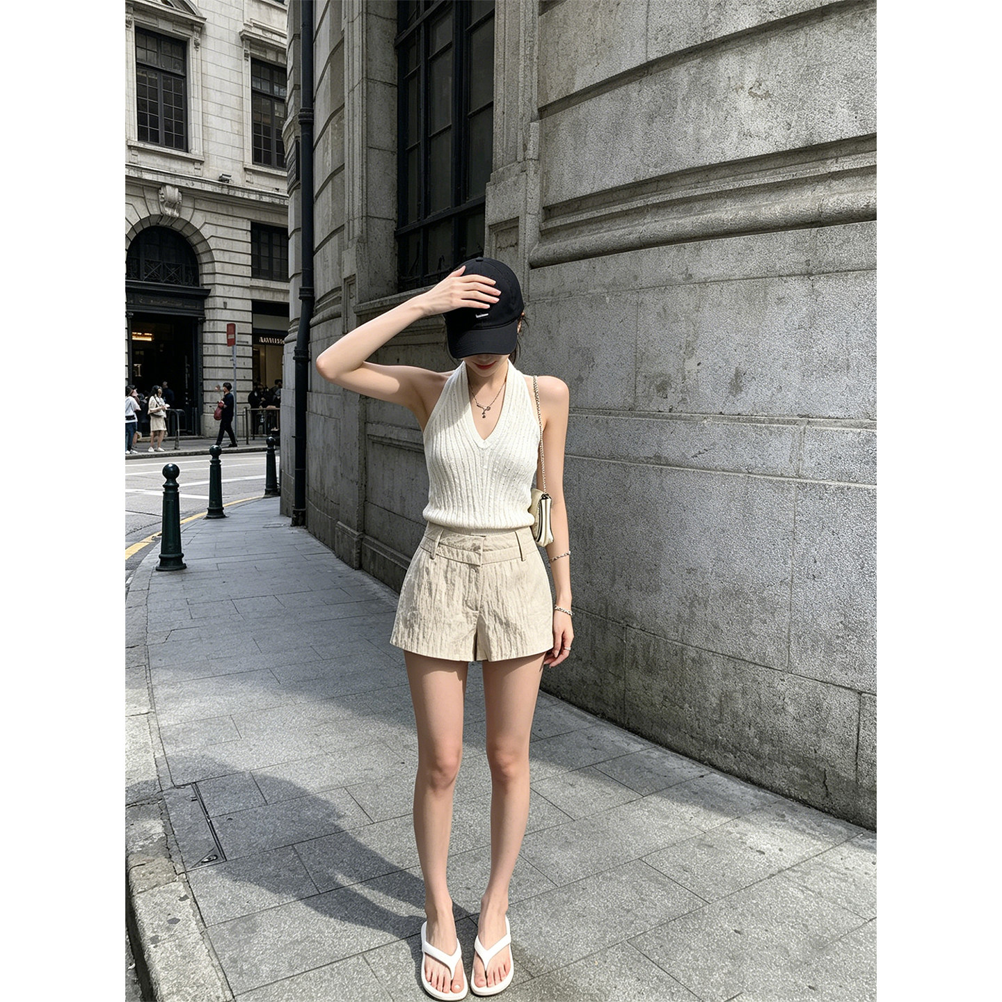 HUAX 美式复古辣妹V领麻花挂脖针织背心女装性感露肩修身显瘦上衣