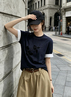 HUAX 新中式蝴蝶印花短袖T恤女装夏季设计感宽松显瘦圆领蓝色上衣
