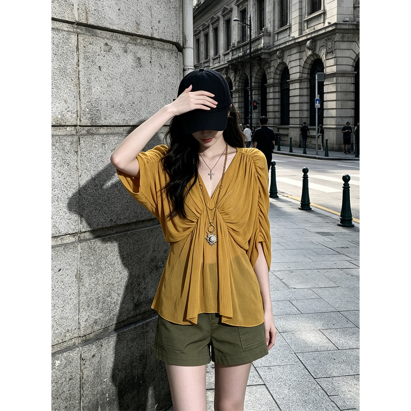 HUAX 纯欲风姜黄色V领褶皱衬衫女夏季宽松显瘦蝙蝠袖气质百搭上衣