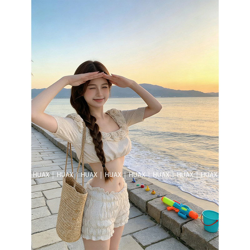 HUAX 复古辣妹手工花朵荷叶边短款上衣女性感低腰显瘦超短裤套装