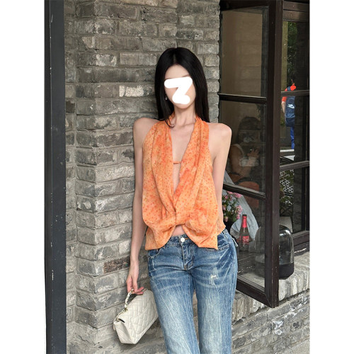 HUAX 度假风无袖露背格子挂脖V领吊带背心女夏季绝美印花设计上衣