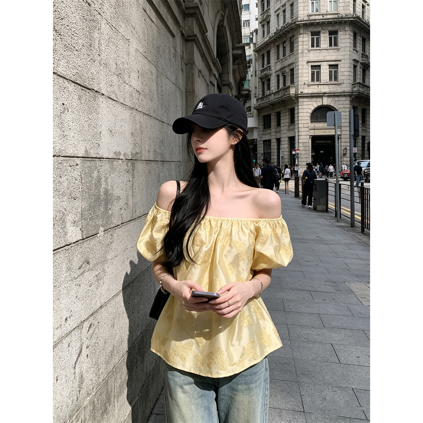 HUAX 韩系蝴蝶印花一字领泡泡袖上衣女夏季气质露肩百搭绝美衬衫