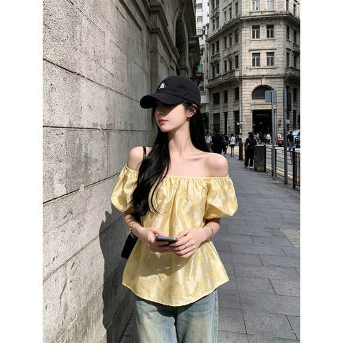 HUAX 韩系蝴蝶印花一字领泡泡袖上衣女夏季气质露肩百搭绝美衬衫