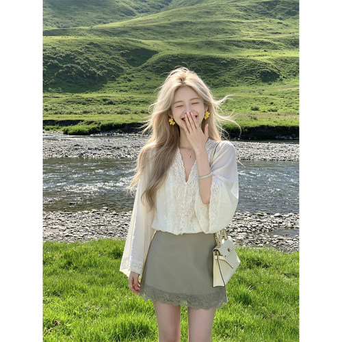 HUAX 高级感蕾丝花边拼接V领长袖衬衫女夏季通勤气质显瘦百搭上衣