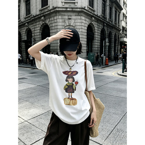 HUAX 美式复古白色卡通印花短袖T恤女夏季松弛感宽松显瘦百搭上衣
