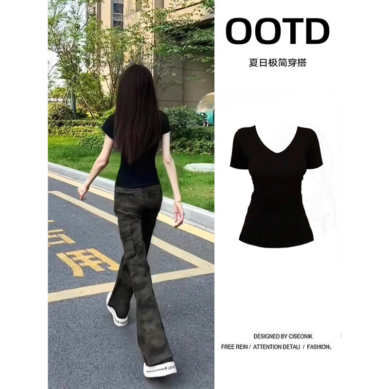 女装纯色v领短袖正肩女t恤衣衫夏季腰修身掐腰显瘦打底衫夏日穿搭