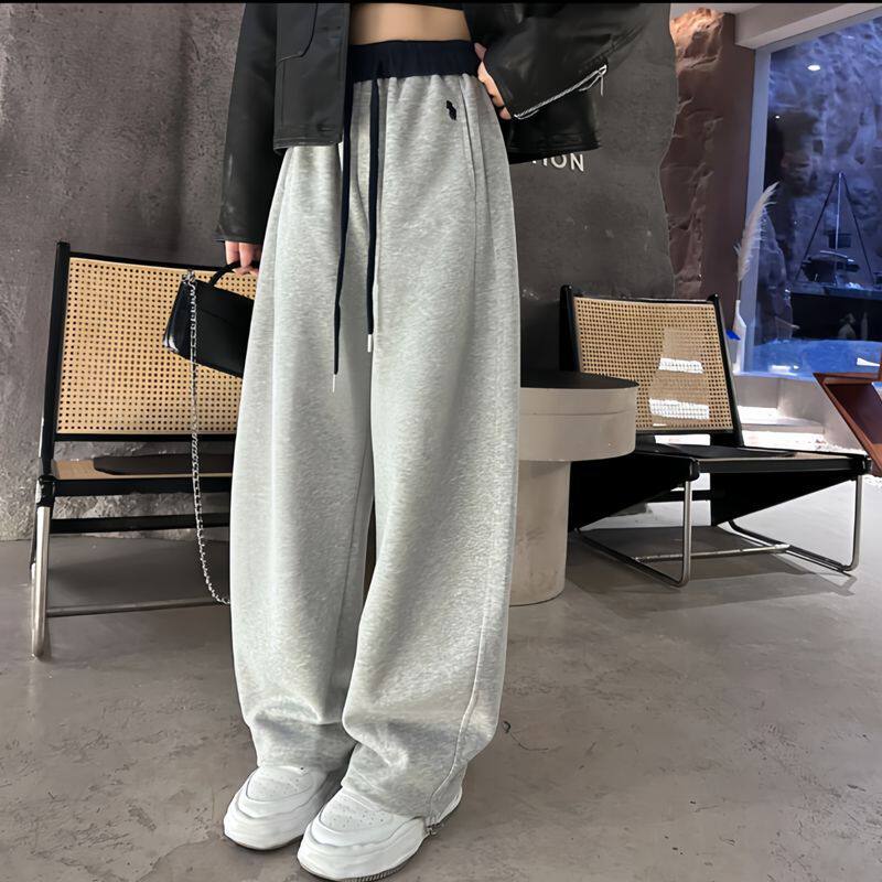 韩系小马刺绣拼色两穿束脚阔腿裤女冬季加绒宽松百搭镰刀休闲裤子