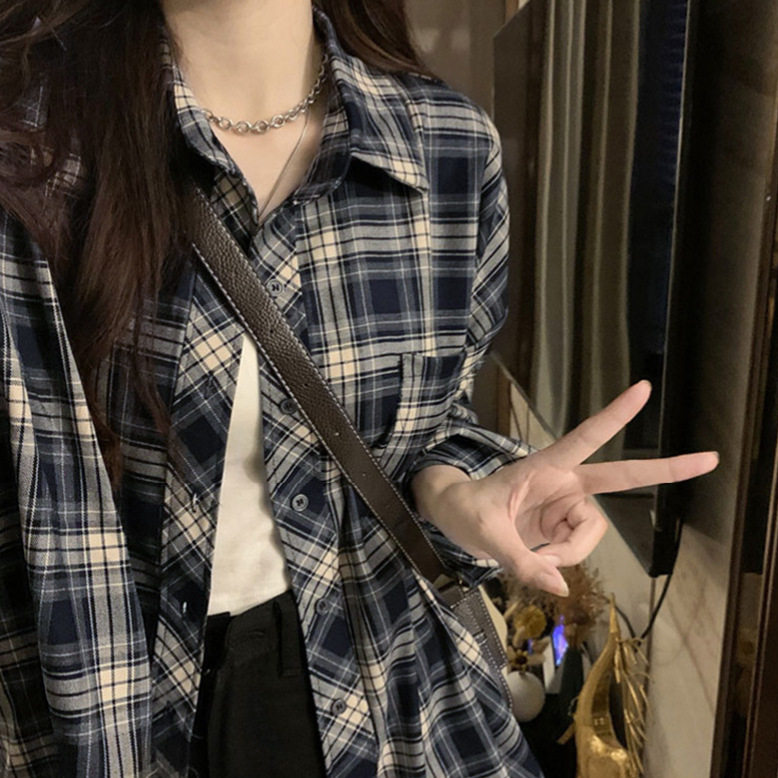 慵懒复古中长款格子宽松女衬衫百搭休闲薄款时尚气质长袖外套防晒