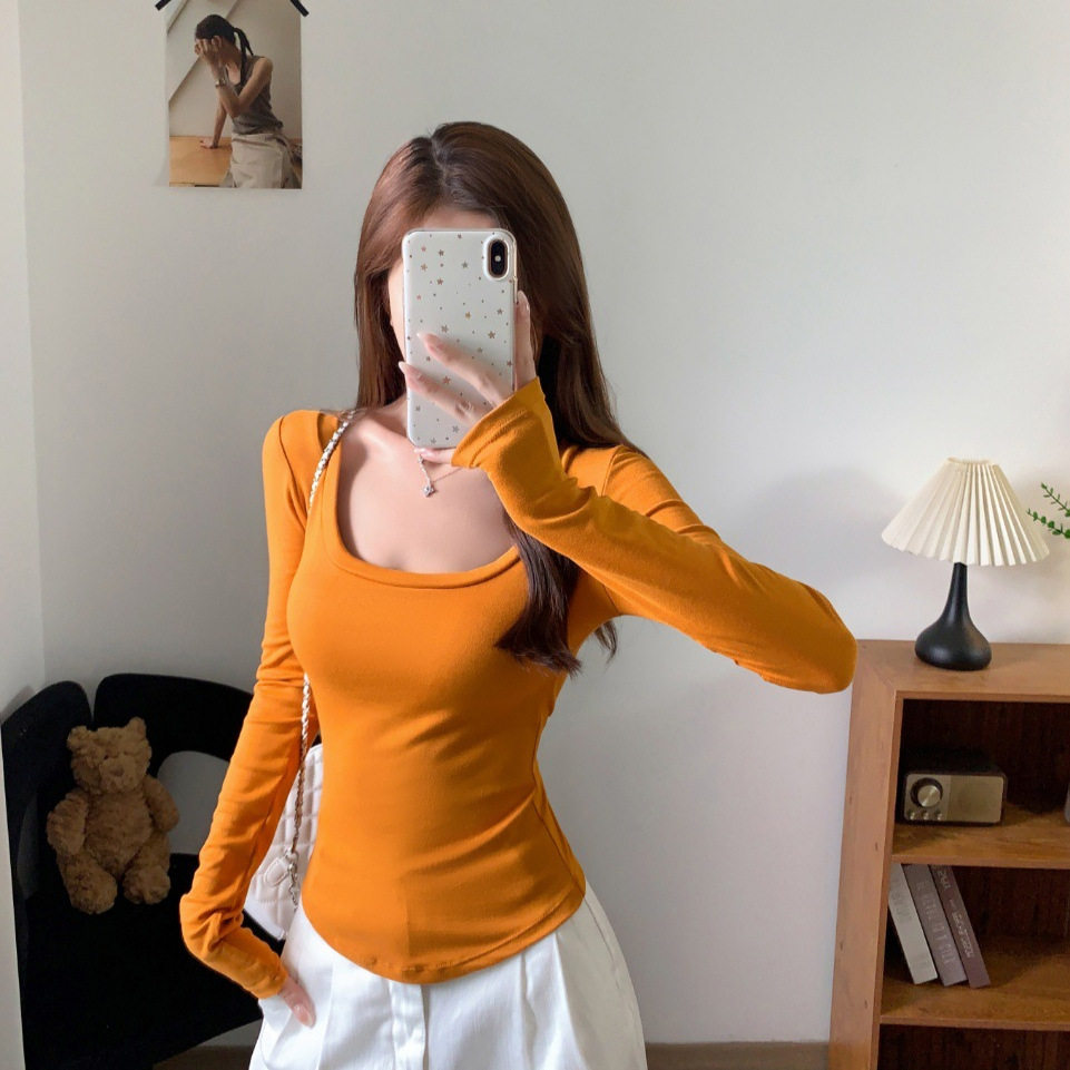 3076#秋季新款辣妹风蕾丝露背拼接长袖T恤女修身一体式带胸垫上衣