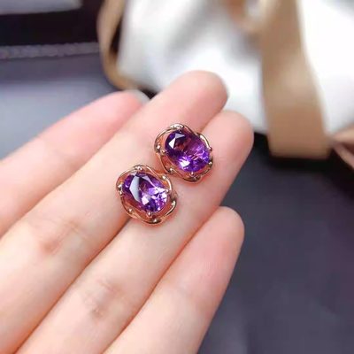 天然紫水晶耳钉女S925纯银镀18k金紫色宝石时尚精致耳饰生日礼物